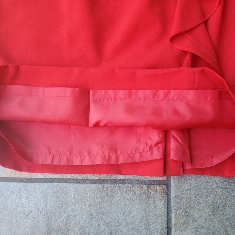 Calvin Klein Red Sheath Dress Slit Ruffle Black Belt Preppy Work Classic Office - Picture 9 of 11
